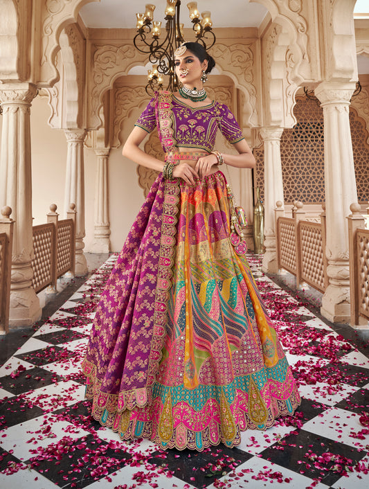 Multicolor Premium Banarasi Silk with Zarkan & Cutwork Wedding Wear Lehenga