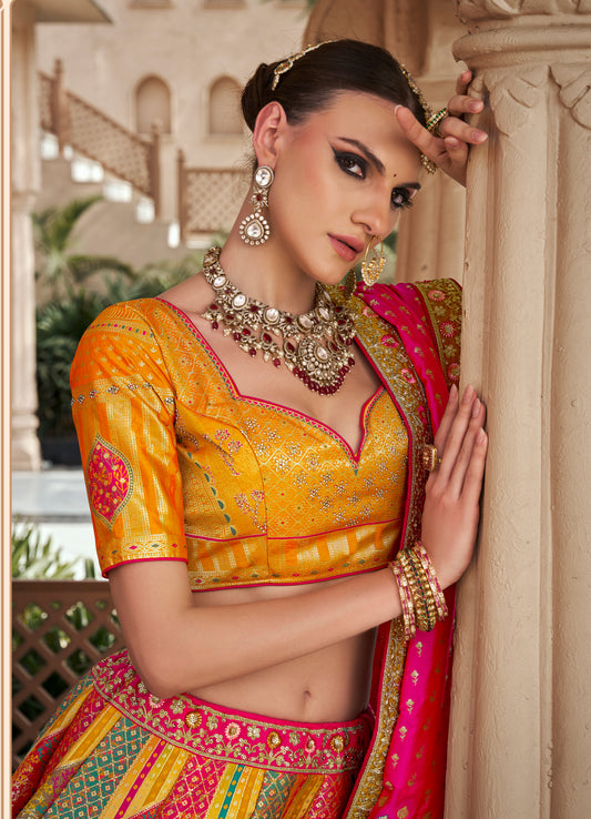 Multicolor Premium Banarasi Silk with Zarkan & Cutwork Wedding Wear Lehenga