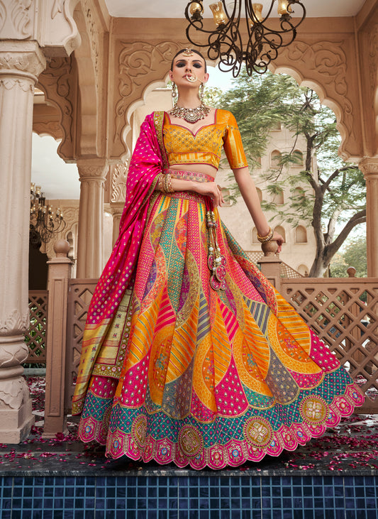 Multicolor Premium Banarasi Silk with Zarkan & Cutwork Wedding Wear Lehenga