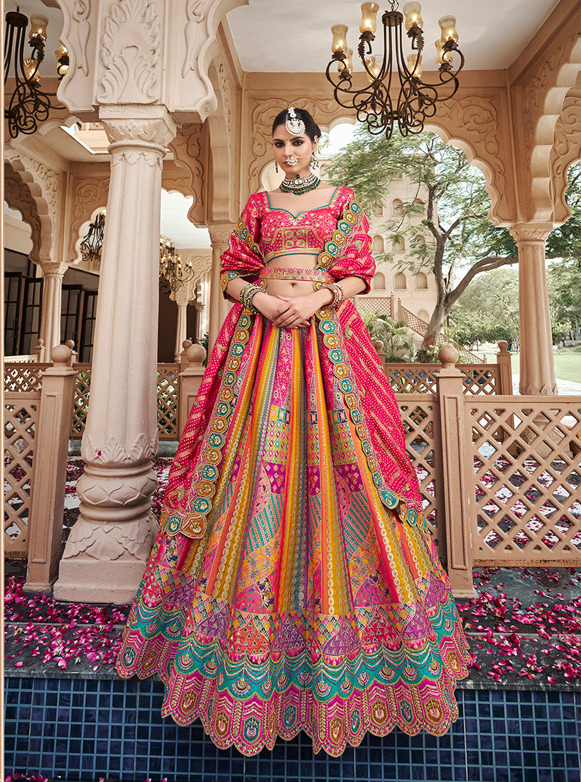 Multicolor & Pink Premium Banarasi Silk with Zarkan & Cutwork Wedding Wear Lehenga