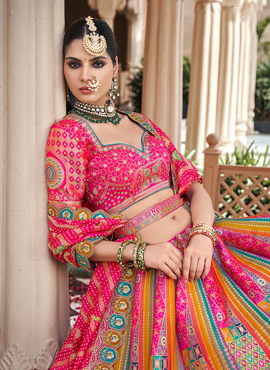 Multicolor & Pink Premium Banarasi Silk with Zarkan & Cutwork Wedding Wear Lehenga