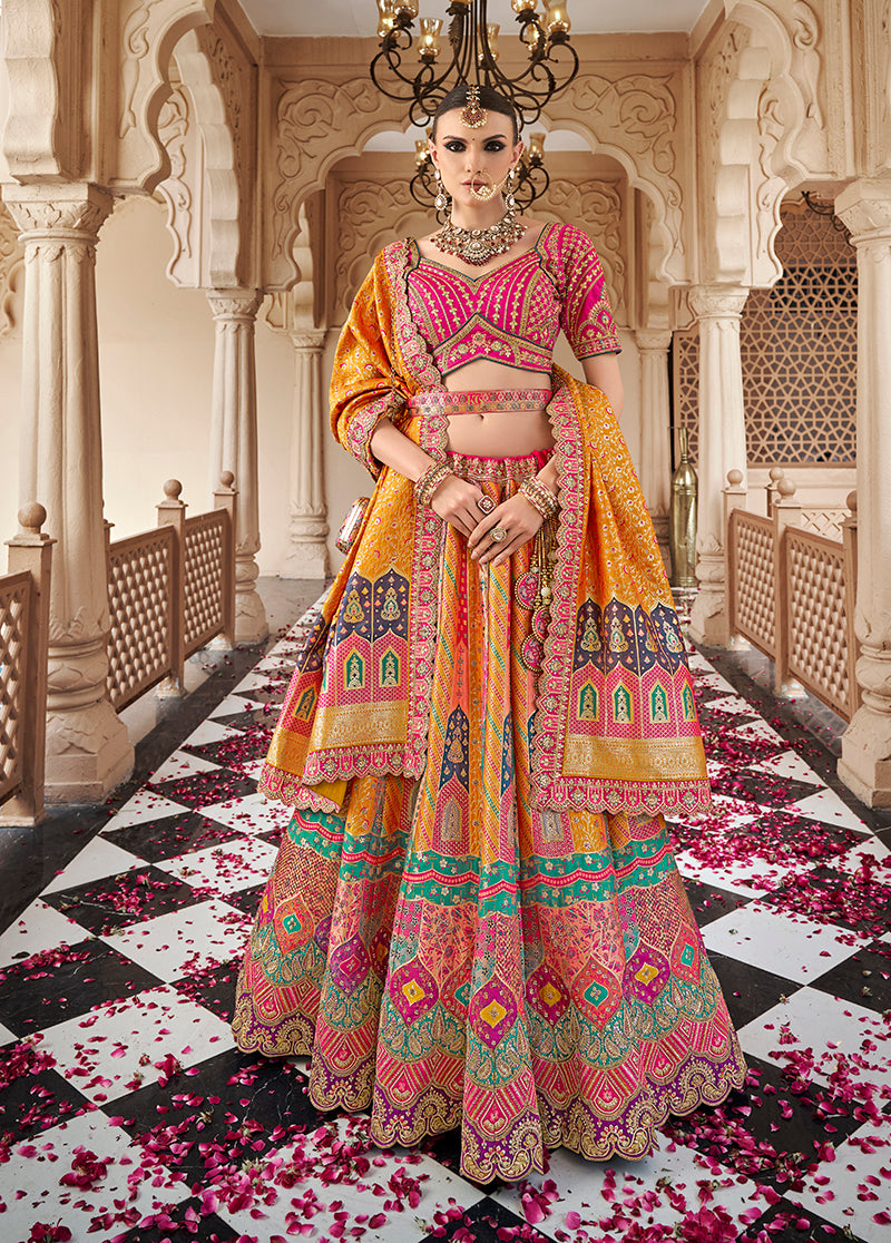 Mustard Multicolor Premium Banarasi Silk with Zarkan & Cutwork Wedding Wear Lehenga