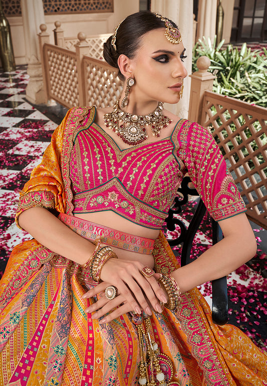 Mustard Multicolor Premium Banarasi Silk with Zarkan & Cutwork Wedding Wear Lehenga