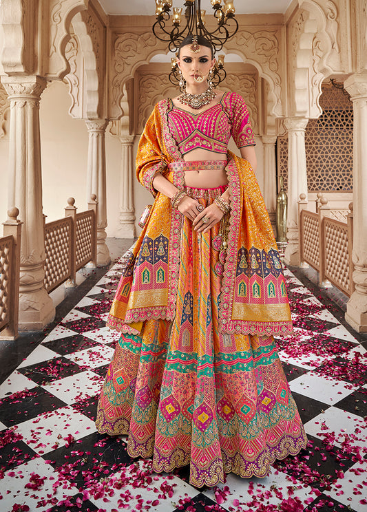 Mustard Multicolor Premium Banarasi Silk with Zarkan & Cutwork Wedding Wear Lehenga