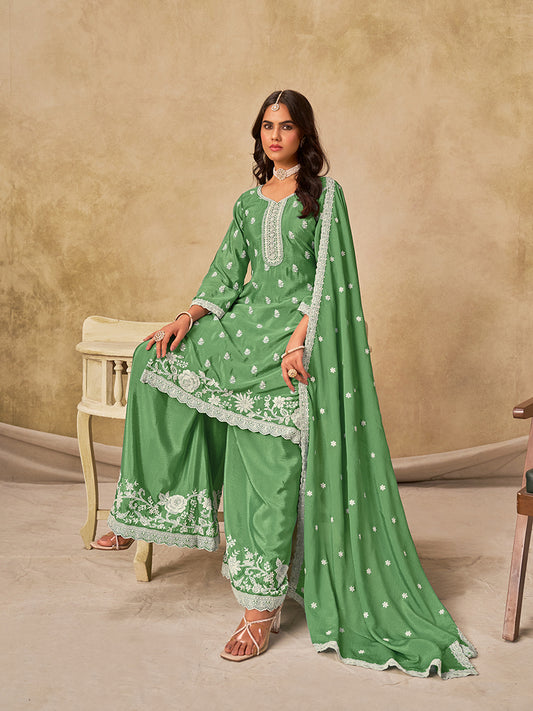 Embroidered Green Chinon Silk Palazzo Salwar Suit