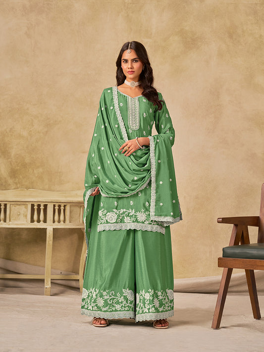 Embroidered Green Chinon Silk Palazzo Salwar Suit
