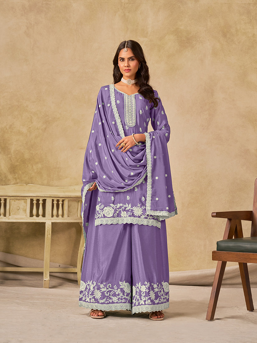 Embroidered Lavender Chinon Silk Palazzo Salwar Suit