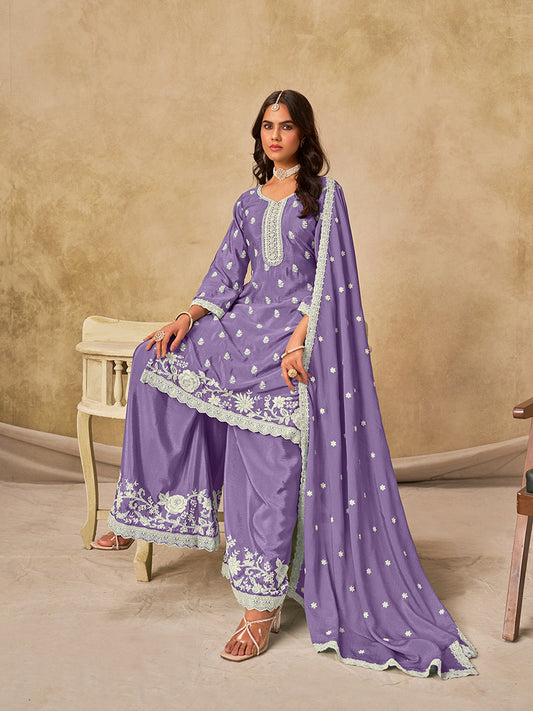 Embroidered Lavender Chinon Silk Palazzo Salwar Suit