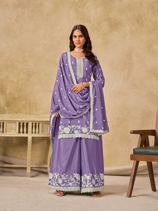 Embroidered Lavender Chinon Silk Palazzo Salwar Suit