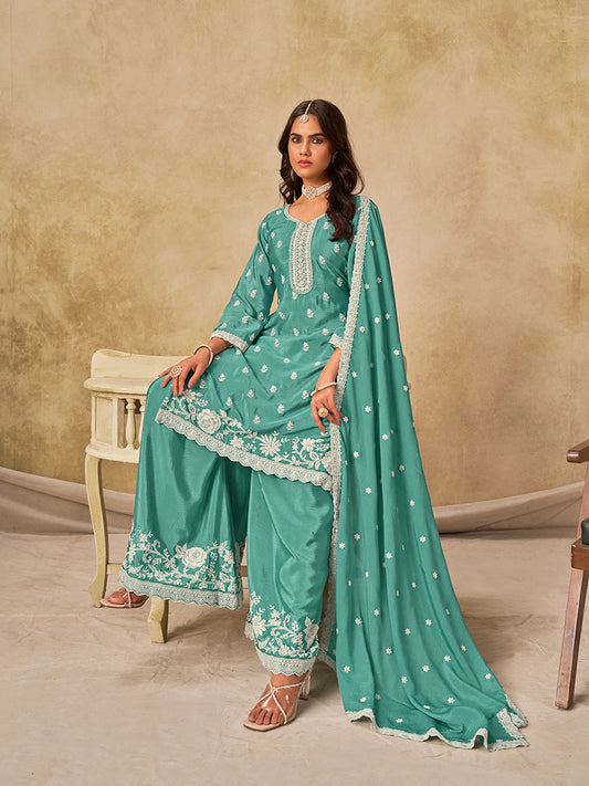 Embroidered Turquoise Chinon Silk Palazzo Salwar Suit