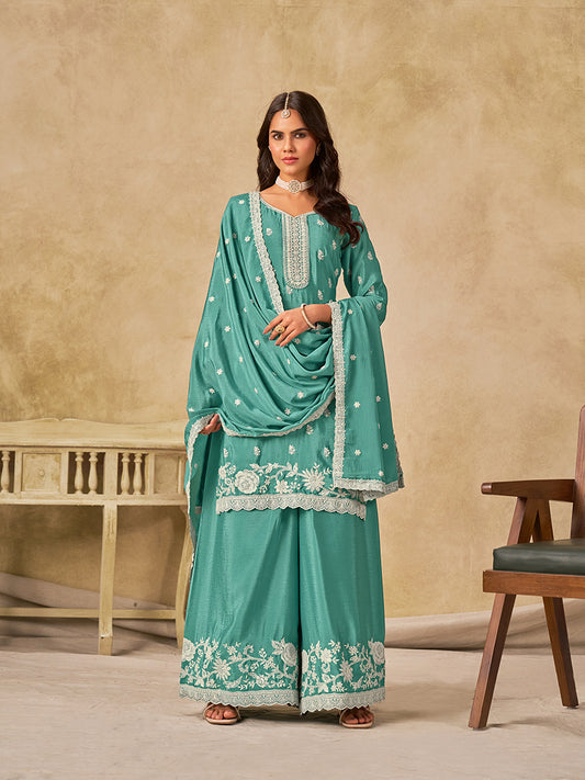 Embroidered Turquoise Chinon Silk Palazzo Salwar Suit
