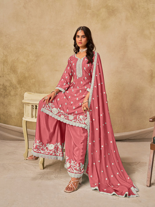 Embroidered Pink Chinon Silk Palazzo Salwar Suit
