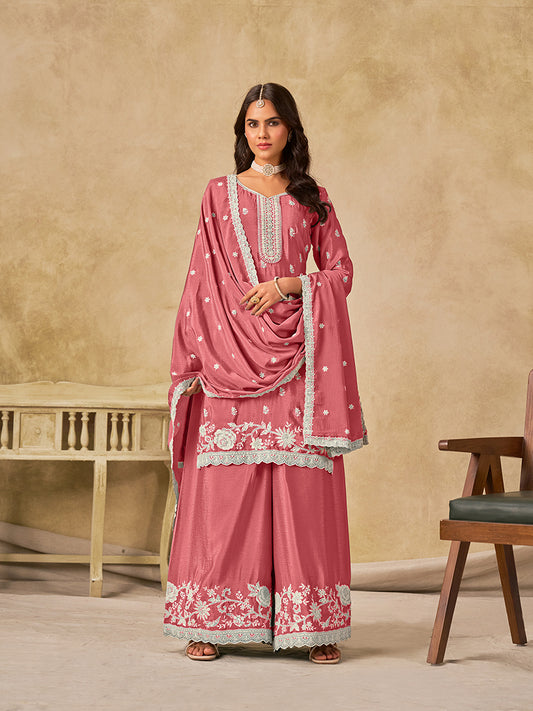 Embroidered Pink Chinon Silk Palazzo Salwar Suit