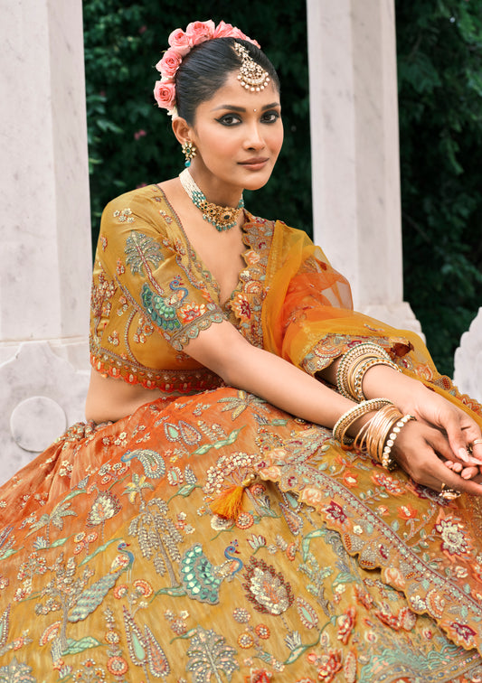 Rust Orange And Mustard Yellow Silk Bridal Lehenga With Embroidery And Sequins Work