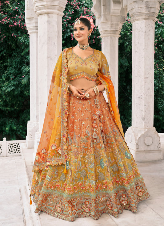 Rust Orange And Mustard Yellow Silk Bridal Lehenga With Embroidery And Sequins Work
