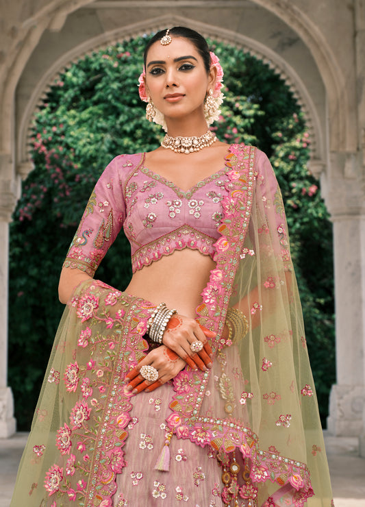 Pink And Light Green Silk Bridal Lehenga With Embroidery And Sequins Work