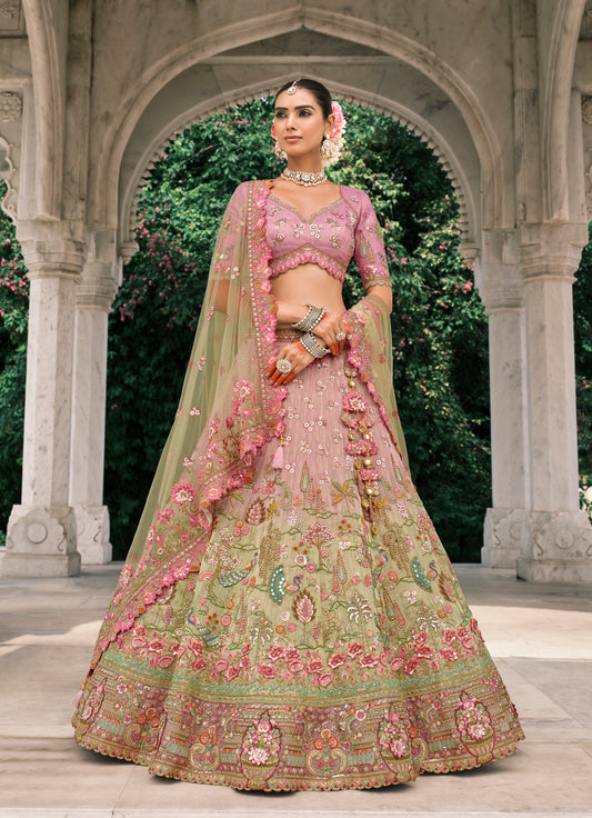 Pink And Light Green Silk Bridal Lehenga With Embroidery And Sequins Work