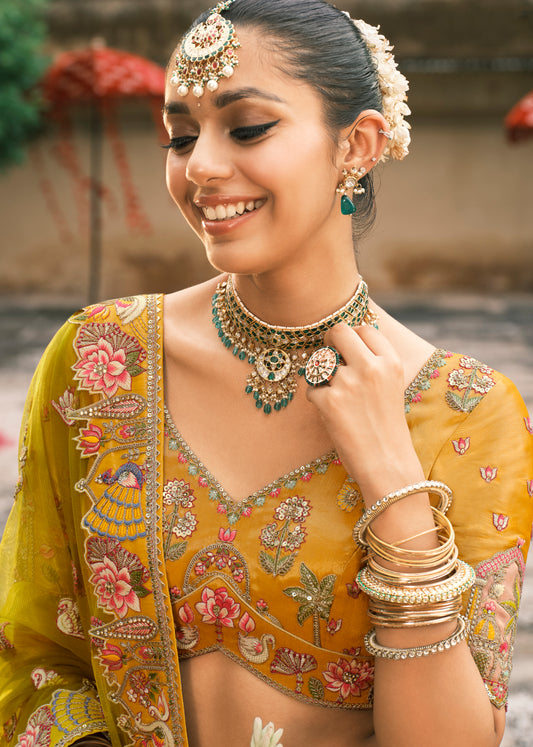 Mustard Silk Bridal Lehenga With Sequins And Moti Work