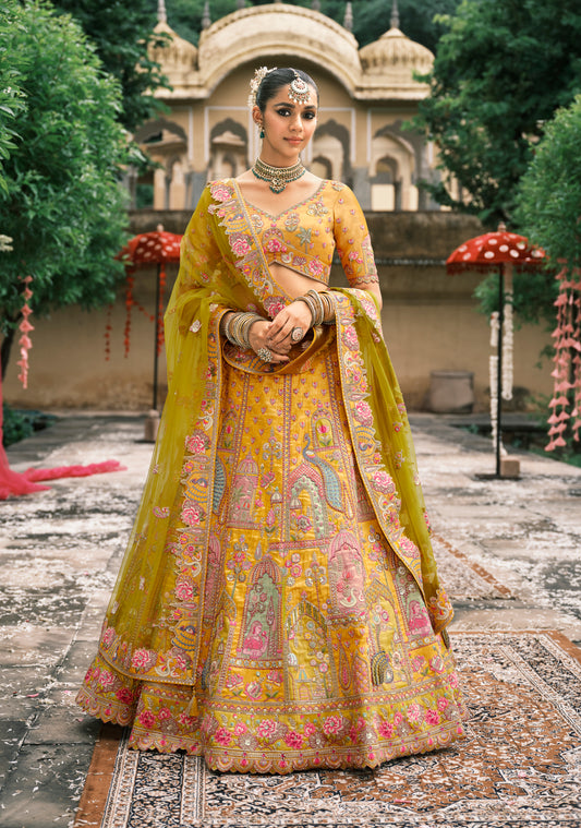Mustard Silk Bridal Lehenga With Sequins And Moti Work