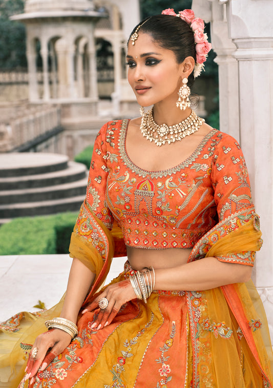 Yellow And Orange Silk Bridal Lehenga With Sequins Embroidery And Stone Work
