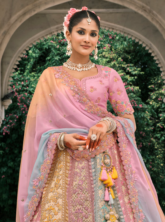 Multicolor Silk Bridal Lehenga With Thread Embroidery And Stone Work