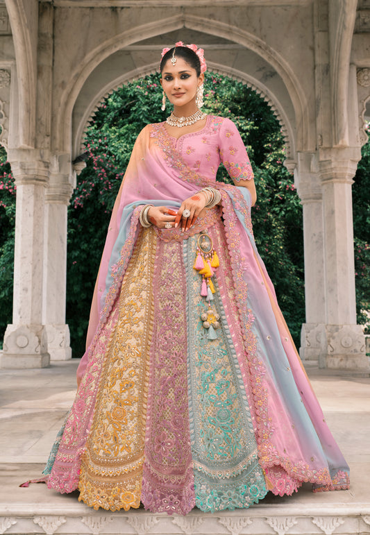 Multicolor Silk Bridal Lehenga With Thread Embroidery And Stone Work