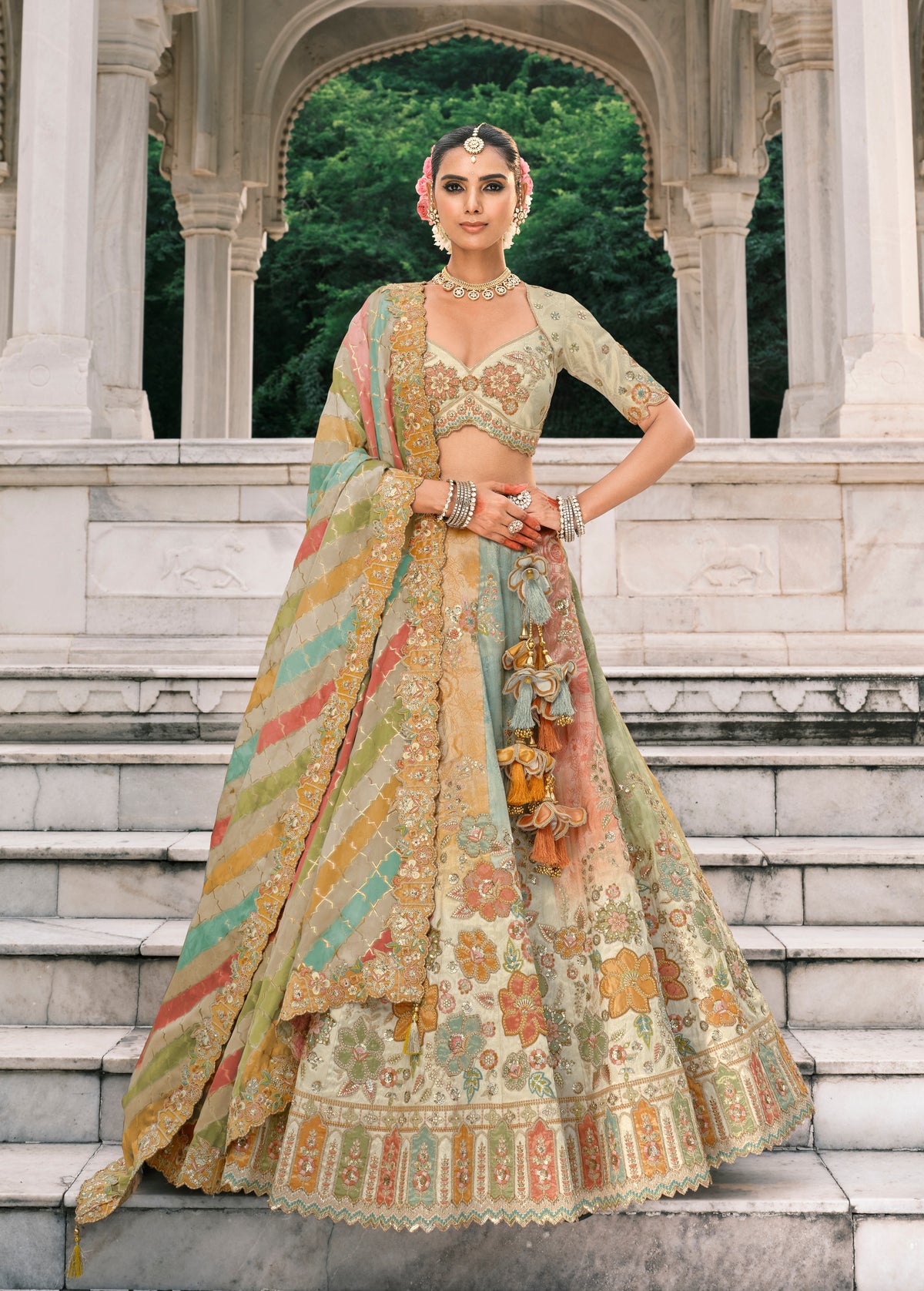Multicolor Silk Bridal Lehenga With Thread Embroidery And Sequins Work