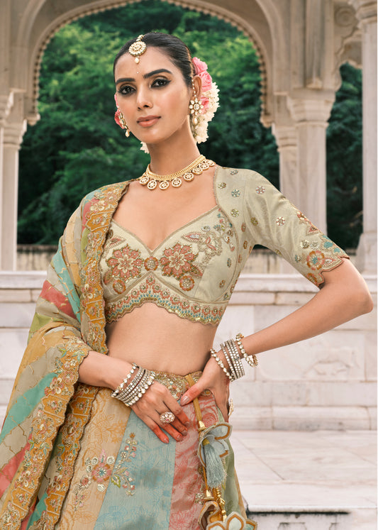 Multicolor Silk Bridal Lehenga With Thread Embroidery And Sequins Work