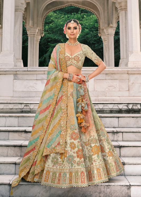 Multicolor Silk Bridal Lehenga With Thread Embroidery And Sequins Work