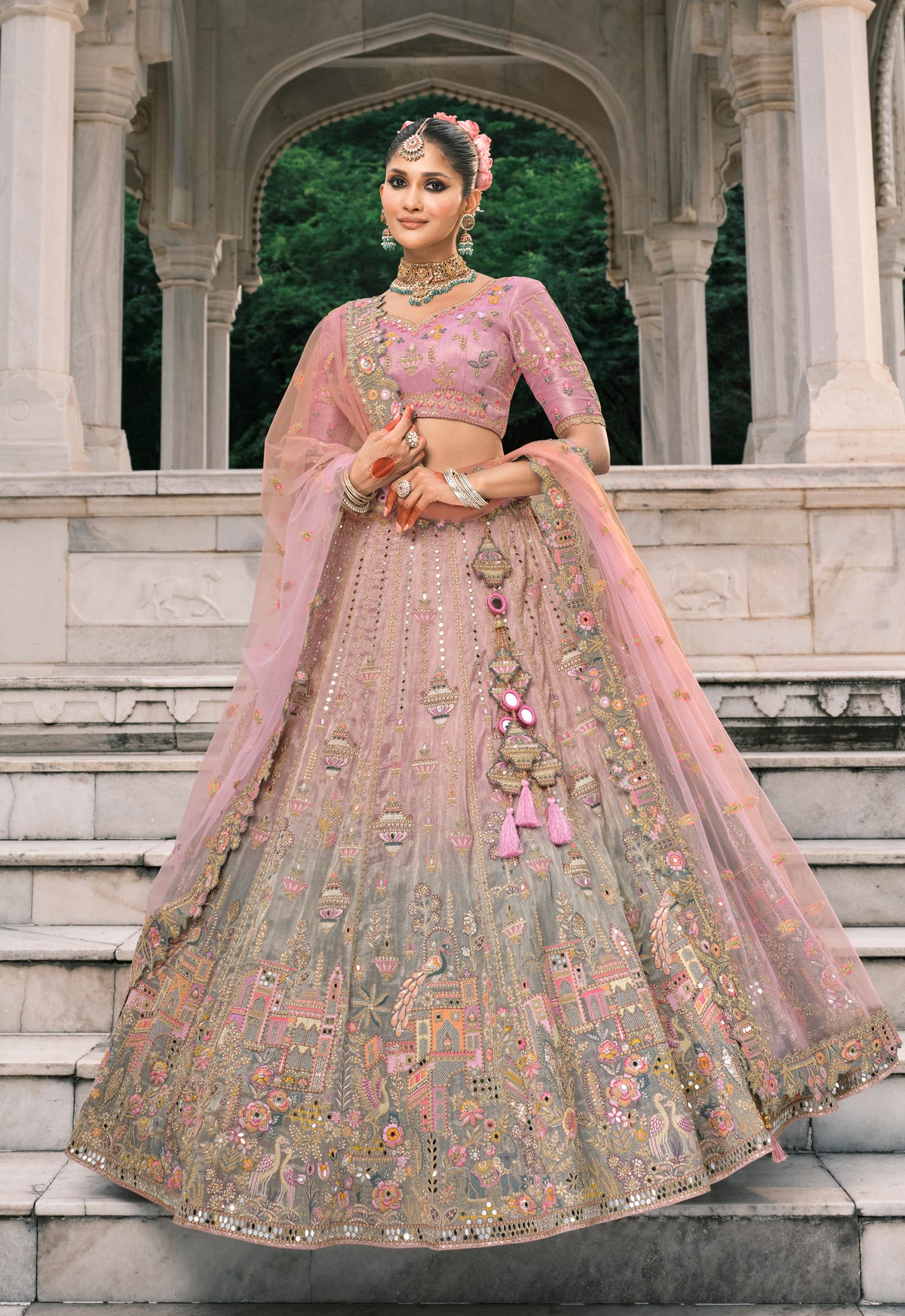 Dusty Pink And Grey Silk Bridal Lehenga With Thread And Moti Work.
