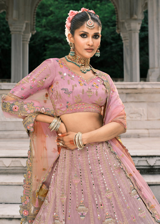 Dusty Pink And Grey Silk Bridal Lehenga With Thread And Moti Work.