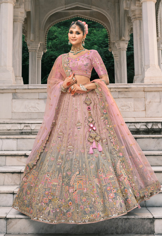 Dusty Pink And Grey Silk Bridal Lehenga With Thread And Moti Work.