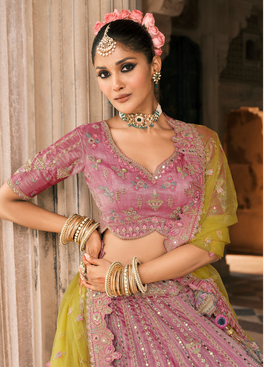 Onion Pink And Green Silk Bridal Lehenga With Mirror And Resham Embroidery