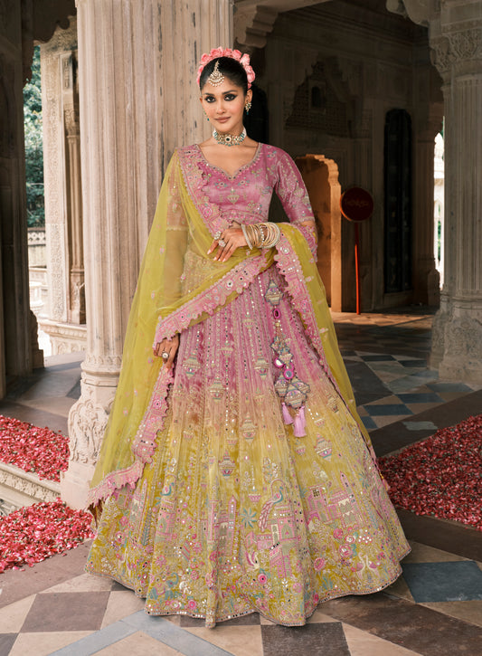 Onion Pink And Green Silk Bridal Lehenga With Mirror And Resham Embroidery