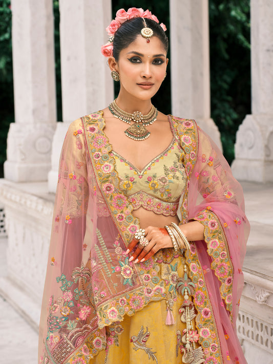 Yellow Silk Bridal Lehenga With Thread Embroidery And Stone Work
