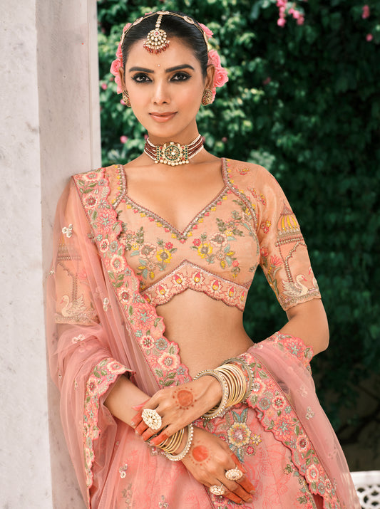 Peach Silk Bridal Lehenga With Thread Embroidery And Stone Work