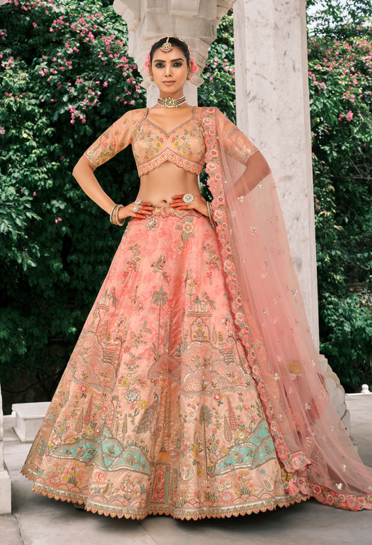 Peach Silk Bridal Lehenga With Thread Embroidery And Stone Work