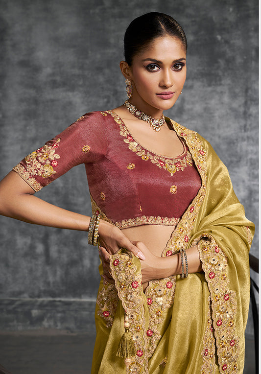 Mustard Tissue Traditional Saree with Embroidered, Resham and Thread Work for Ceremonial