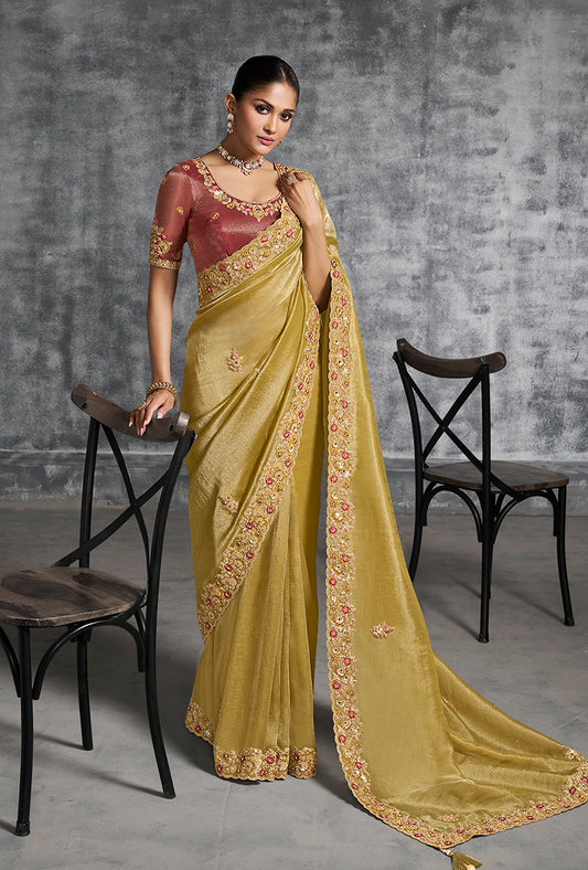 Mustard Tissue Traditional Saree with Embroidered, Resham and Thread Work for Ceremonial