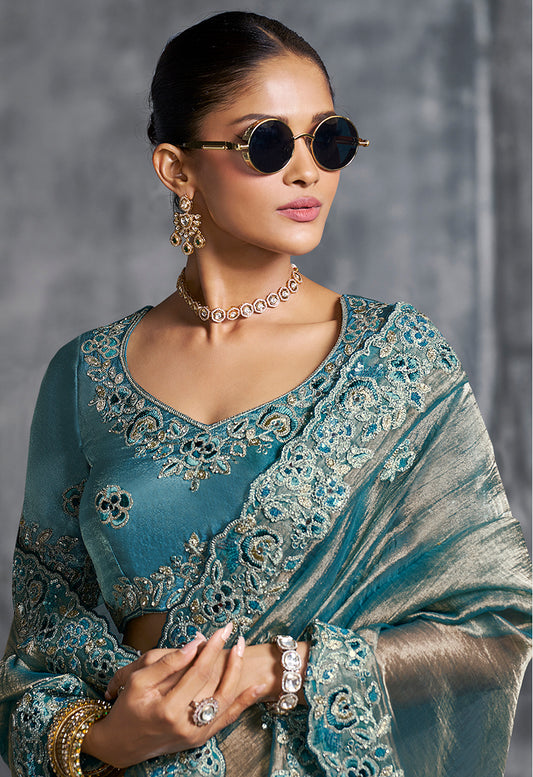 Teal Blue Tissue Traditional Saree with Embroidered, Resham and Thread Work for Ceremonial