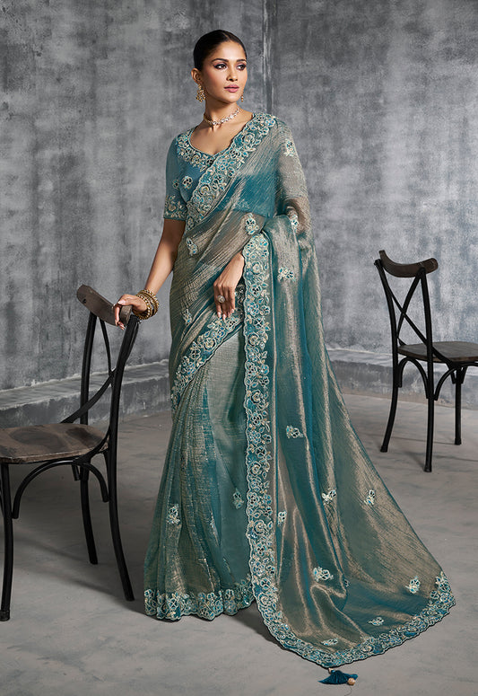 Teal Blue Tissue Traditional Saree with Embroidered, Resham and Thread Work for Ceremonial