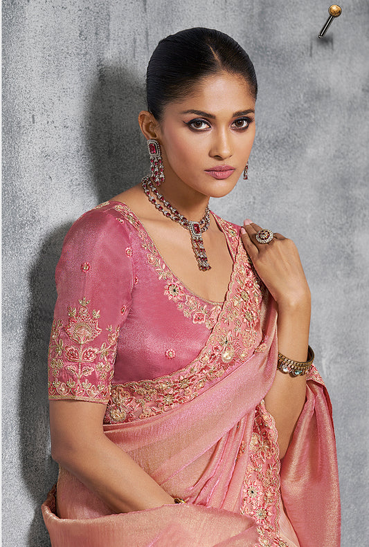 Light Pink Tissue Traditional Saree with Embroidered, Resham and Thread Work for Ceremonial