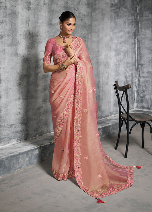 Light Pink Tissue Traditional Saree with Embroidered, Resham and Thread Work for Ceremonial