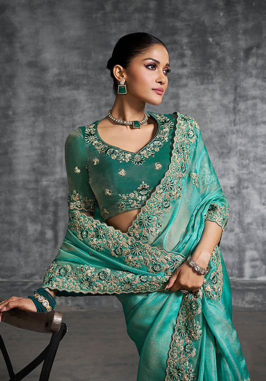 Turquoise Tissue Traditional Saree with Embroidered, Resham and Thread Work for Ceremonial