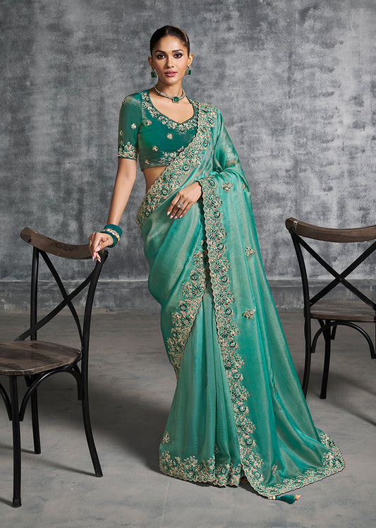 Turquoise Tissue Traditional Saree with Embroidered, Resham and Thread Work for Ceremonial