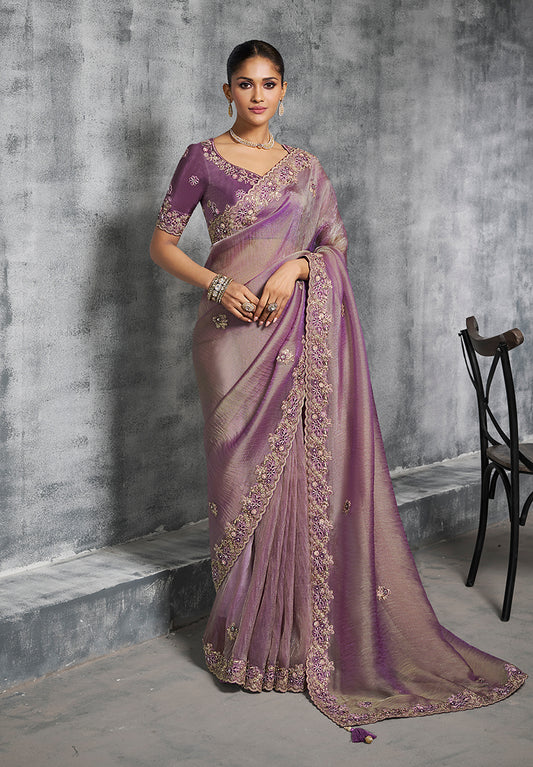 Mauve Tissue Traditional Saree with Embroidered, Resham and Thread Work for Ceremonial