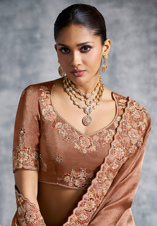 Brown Tissue Traditional Saree with Embroidered, Resham and Thread Work for Ceremonial