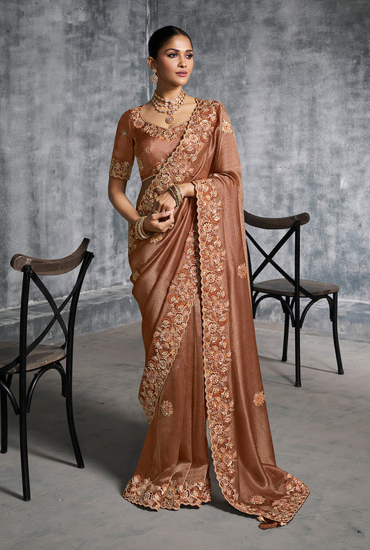 Brown Tissue Traditional Saree with Embroidered, Resham and Thread Work for Ceremonial