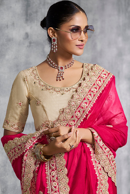 Hot Pink Embroidered and Lace Work Rangoli Satin Contemporary Sari