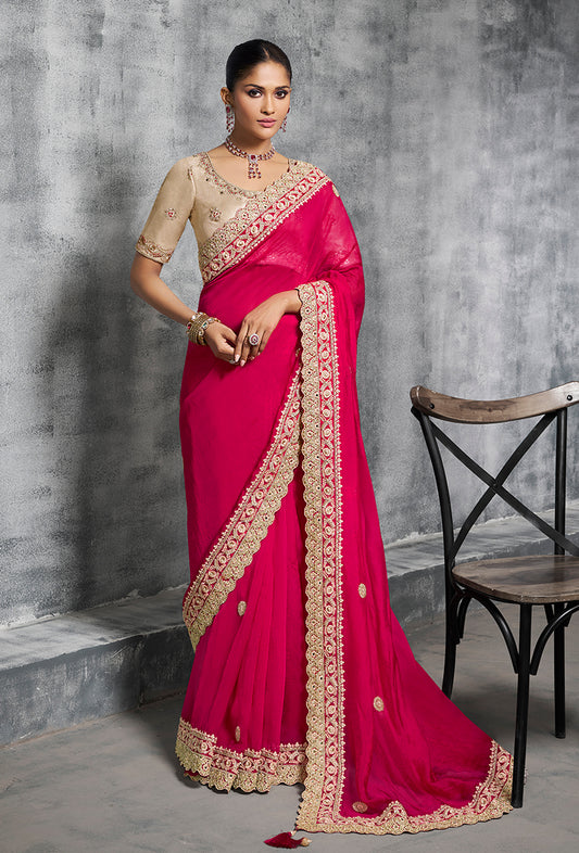 Hot Pink Embroidered and Lace Work Rangoli Satin Contemporary Sari
